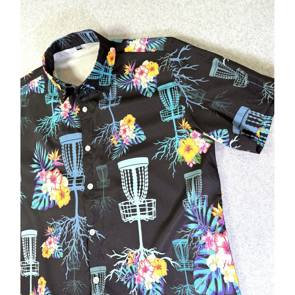 Disc Golf Hawaiian Shirt Men's Tropical Basket Floral Print Button Up Size Small